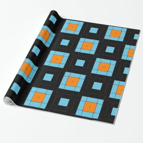 Black Turquoise  Orange Squares Geometric Pattern Wrapping Paper