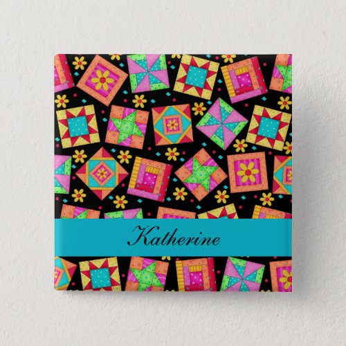 Black Turquoise Patchwork Quilt Blocks Name Badge Pinback Button