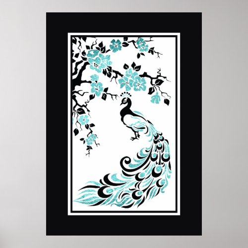 Black turquoise peacock and cherry blossoms poster