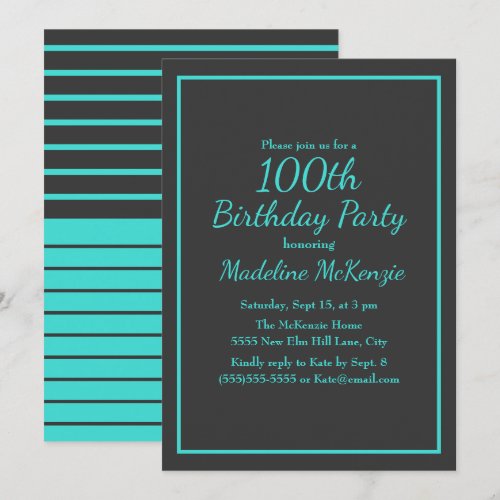Black Turquoise Striped 100th Birthday Party