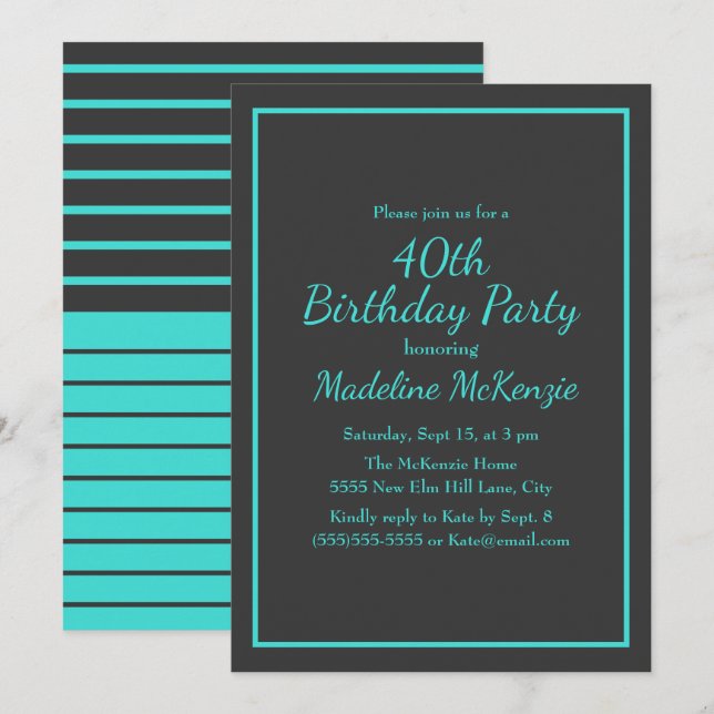 Black Turquoise Striped 40th Birthday Party Invitation (Front/Back)