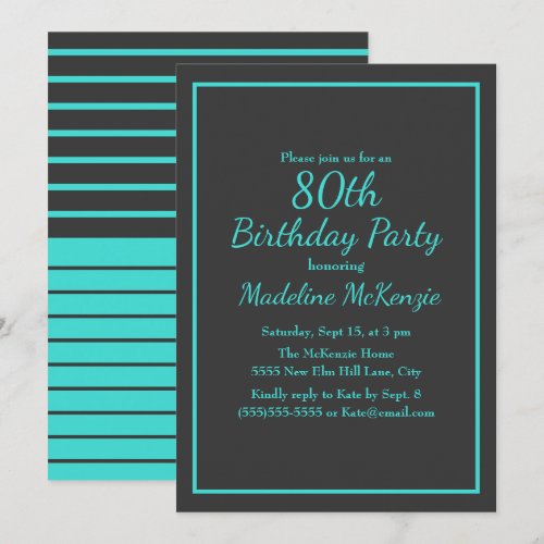 Black Turquoise Striped 80th Birthday Party