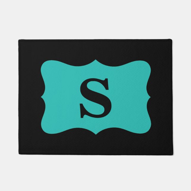 Black Turquoise Teal Blue Monogram Initial Custom Doormat (Front)