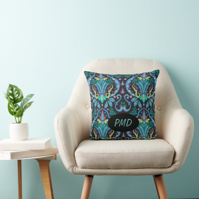 Black Turquoise Teal Modern Damask Floral Monogram Throw Pillow (Chair)