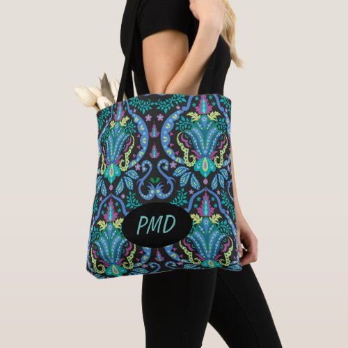 Black Turquoise Teal Modern Damask Floral Monogram Tote Bag