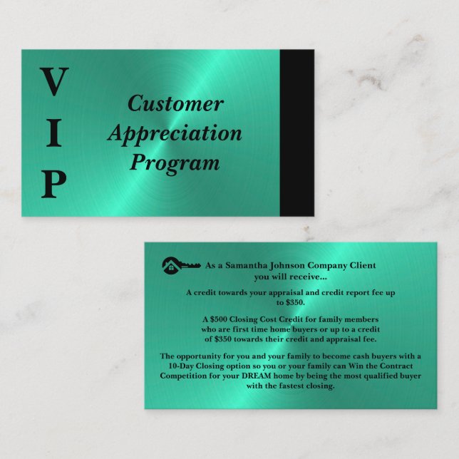 Black & Turquoise VIP Customer Appreciation  Business Card (Front/Back)