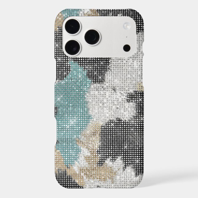 Black Turquoise White Cream Animal Print Sparkle iPhone Case (Back)