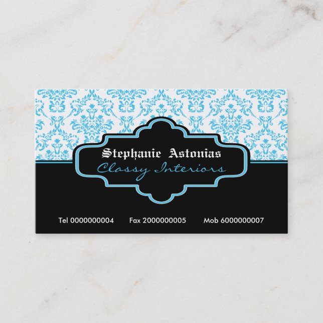 Black turquoise white damask interiors business card (Front)