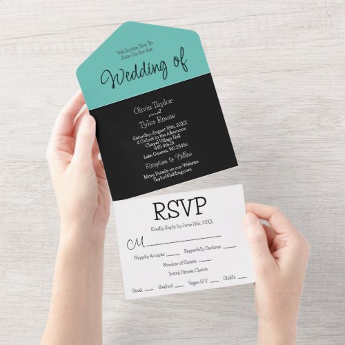 Black Turquoise White Minimalist Modern Wedding All In One Invitation