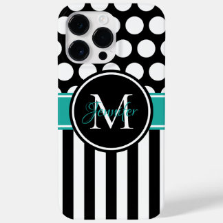 Black Turquoise White Stripe Polka Dot Monogram Case-Mate iPhone 14 Pro Max Case