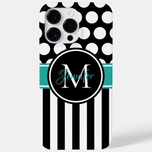 Black Turquoise White Stripe Polka Dot Monogram Case_Mate iPhone 14 Pro Max Case