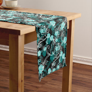 Black Turquoise & White Trendy Rose Floral Medium Table Runner