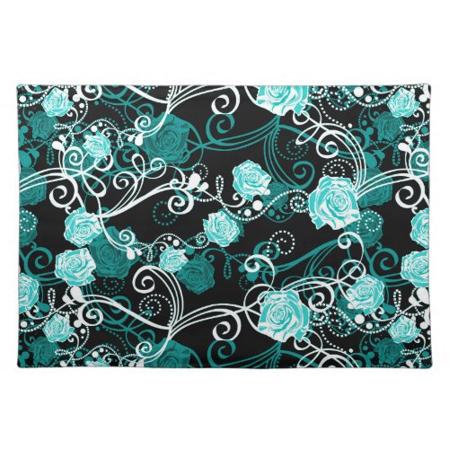 Black Turquoise  White Trendy Rose Pattern Cloth Placemat