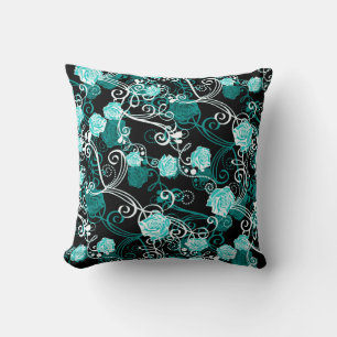 Black Turquoise & White Trendy Rose Pattern Throw Pillow