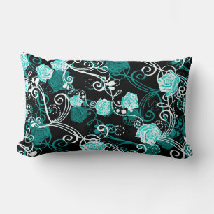 Black Turquoise & White Trendy Roses Lumbar Pillow