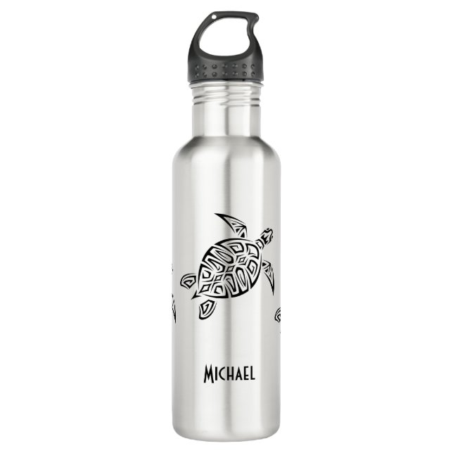 Black Turtle Tribal Monogram Coastal Water Bottle (Front)