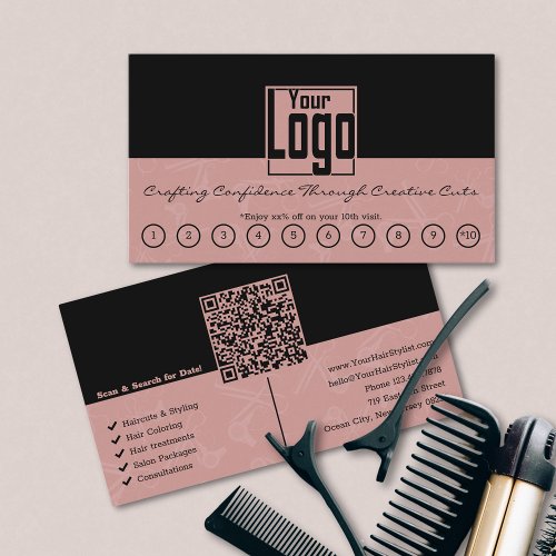 Black  Tuscany Pink Hair Salon Logo QR Code Loyalty Card