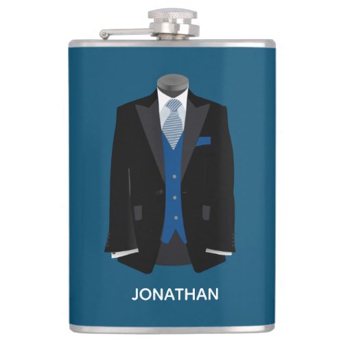 Black Tux with Blue Vest Personalize Wedding Flask