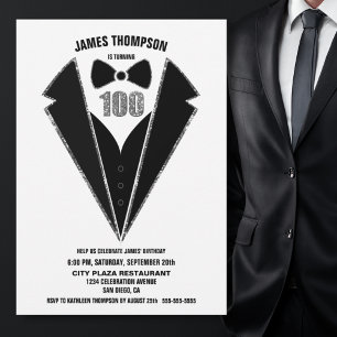 Black Tuxedo 100th Birthday Party Invitation