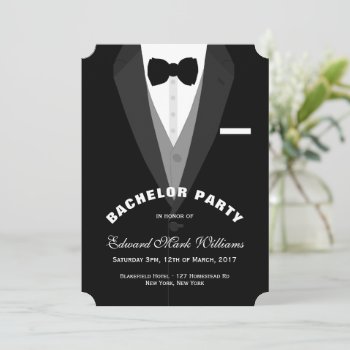 Black Tuxedo Bachelor Party Invitation by StampedyStamp at Zazzle