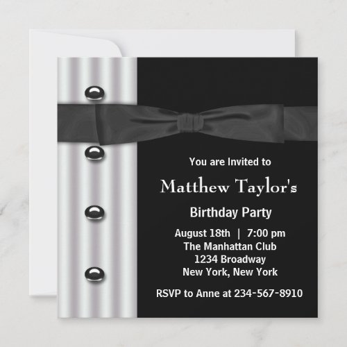 Black Tuxedo Black Bow Tie Mens Birthday Party Invitation
