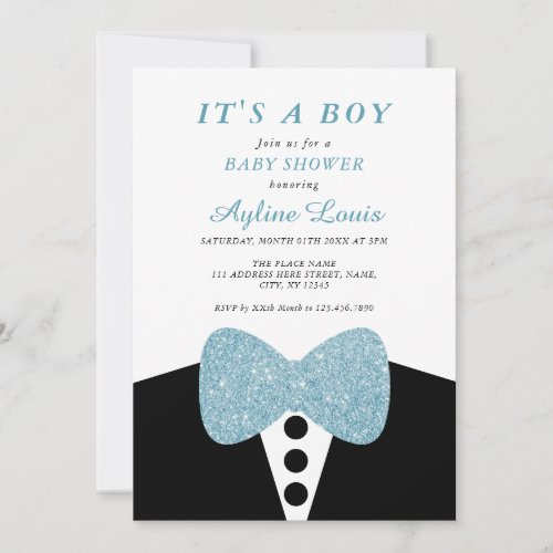 Black Tuxedo Blue Glitter Bow Tie Baby Boy Shower Invitation