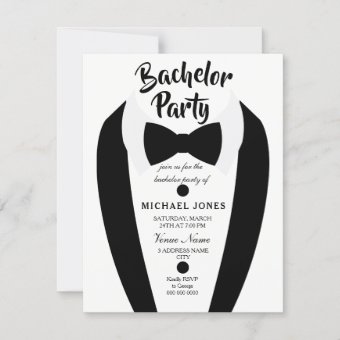 Black Tuxedo Bow Tie Bachelor Party Invite | Zazzle