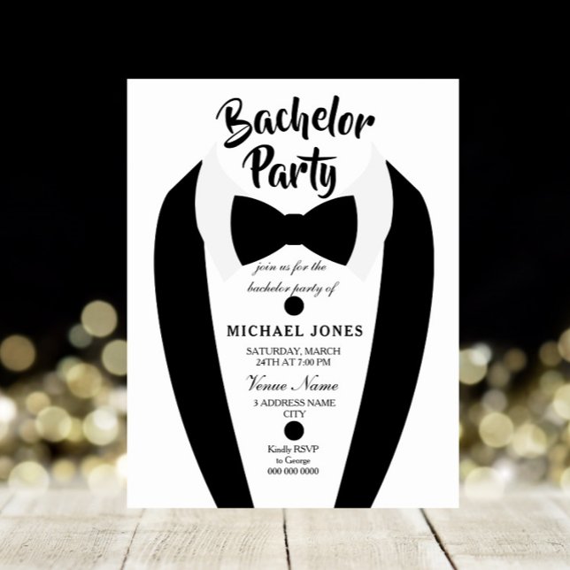 Black Tuxedo Bow Tie Bachelor Party Invite (Creator Uploaded)