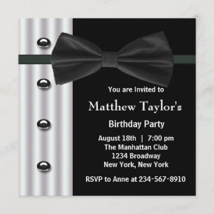 Black Tuxedo Bow Tie Mens Birthday Party Invitation
