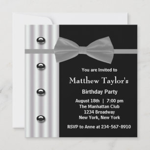 Black Tuxedo Bow Tie Mens Birthday Party Invitation