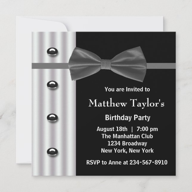 Black Tuxedo Bow Tie Mens Birthday Party Invitation (Front)
