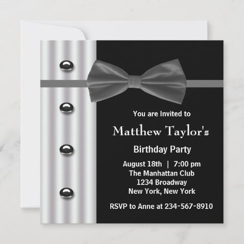 Black Tuxedo Bow Tie Mens Birthday Party Personalized Invite