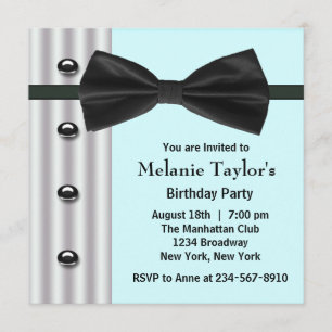 Black Tuxedo Bow Tie Teal Blue Birthday Party Invitation
