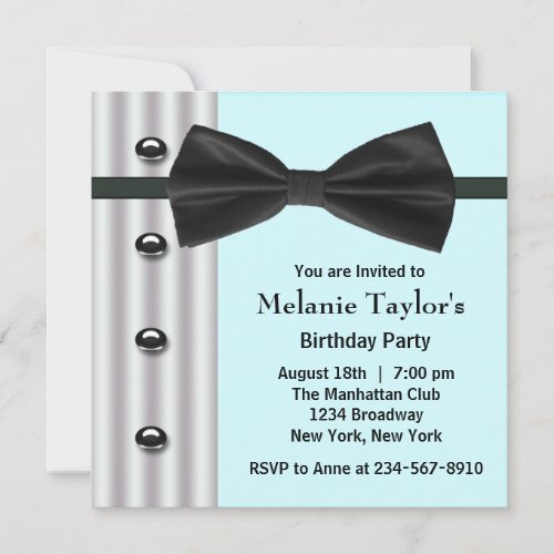 Black Tuxedo Bow Tie Teal Blue Birthday Party Invitation