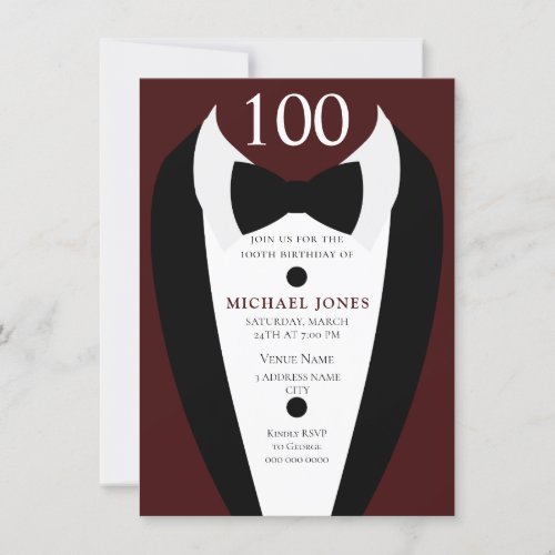 Black Tuxedo Burgundy 100th Birthday Party Invite
