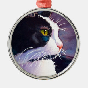 Black Tuxedo Cat in Stormy Mood Metal Ornament