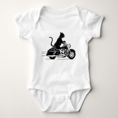 Black tuxedo cat riding a motorcycle baby bodysuit