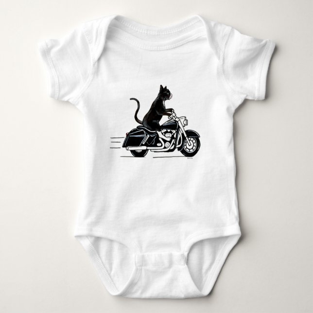 Black tuxedo cat riding a motorcycle baby bodysuit (Front)