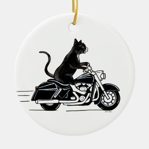 Black tuxedo cat riding a motorcycle ceramic ornament