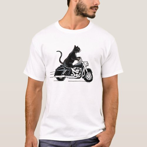 Black tuxedo cat riding a motorcycle T_Shirt