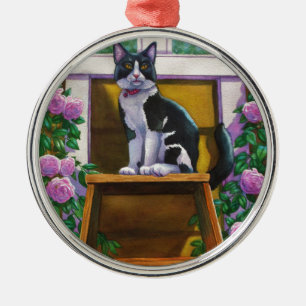 Black Tuxedo Cat Top of the Ladder Metal Ornament