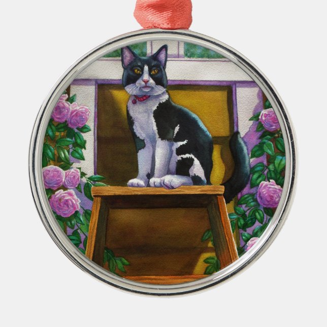 Black Tuxedo Cat Top of the Ladder Metal Ornament (Front)