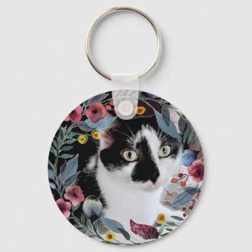 Black Tuxedo Cat with Flower Wreath Pet Photo  Keychain