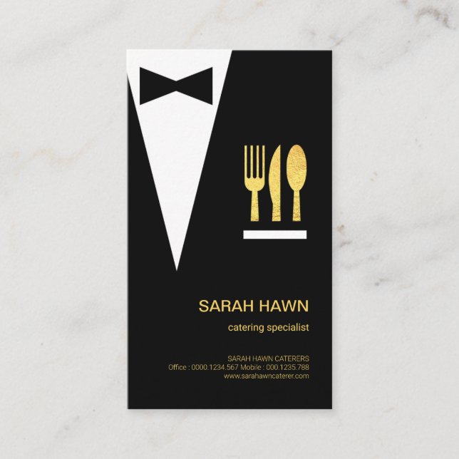 Black Tuxedo Creative Waiter Gold Fork Knife Spoon Business Card (Front)