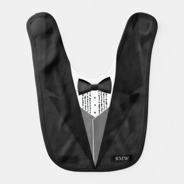 Black Tuxedo Funny Tux Boy's Monogrammed Baby Bib (Front)