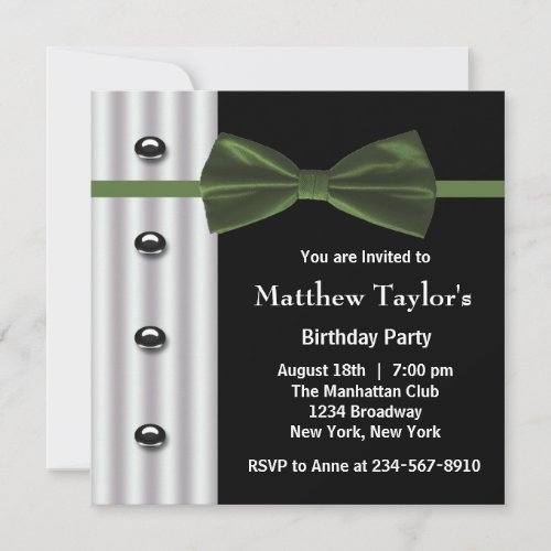 Black Tuxedo Green Bow Tie Mens Birthday Party Invitations