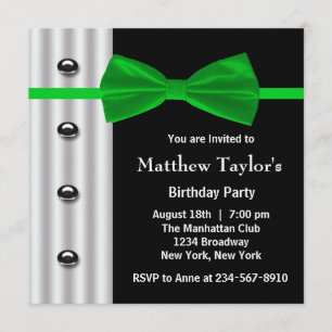 Black Tuxedo Green Bow Tie Mens Birthday Party Invitation