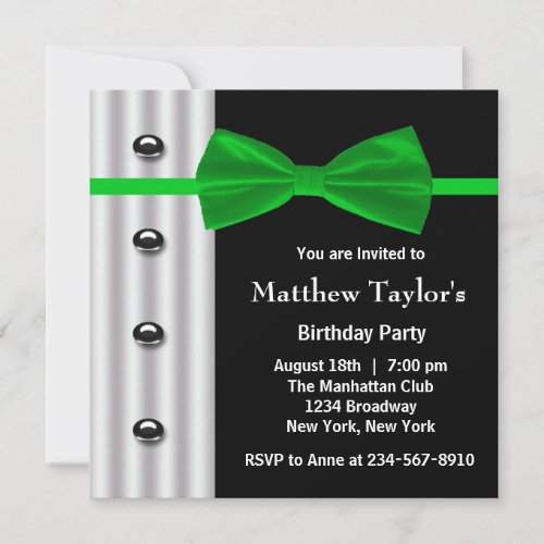 Black Tuxedo Green Bow Tie Mens Birthday Party Custom Invites