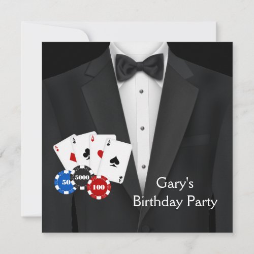 Black Tuxedo Mans Poker Birthday Party Invitation