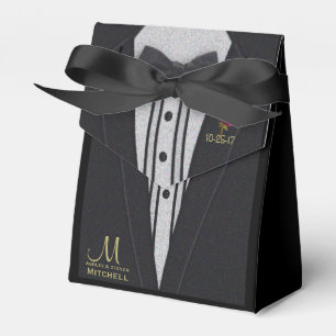 Black Tuxedo Monogram w/ Red Rose Favor Boxes